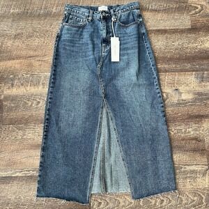 Driftwood Denim Sarah Front Slit Midi Skirt 28 Medium Wash Raw Hem Boho Festival